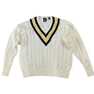 Vintage GAP White Cable Knit Cricket Sweater Preppy Tennis Sweater / Large -
